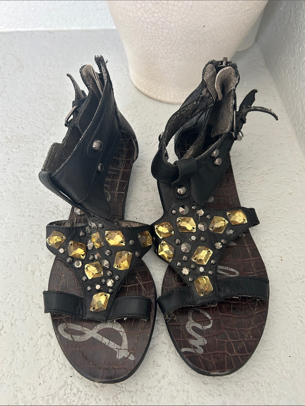 Sam Edelman Black Gladiator Sandals with Gold Gem Accents